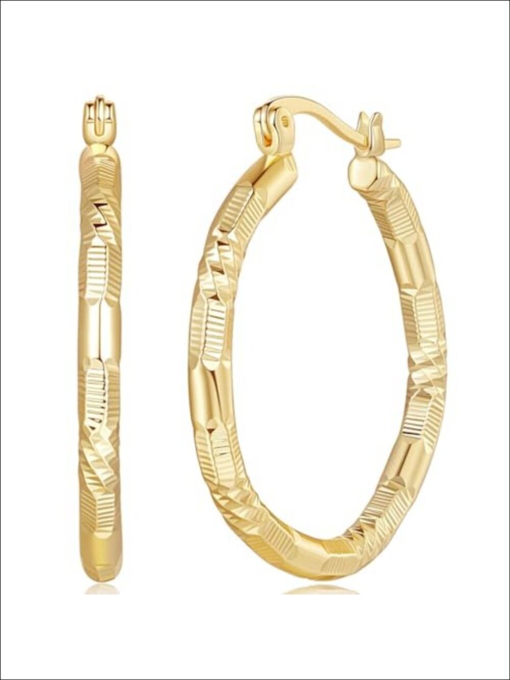 14k Gold Hoop Earrings Latch Back V-Shaped Engraved 30mm Women